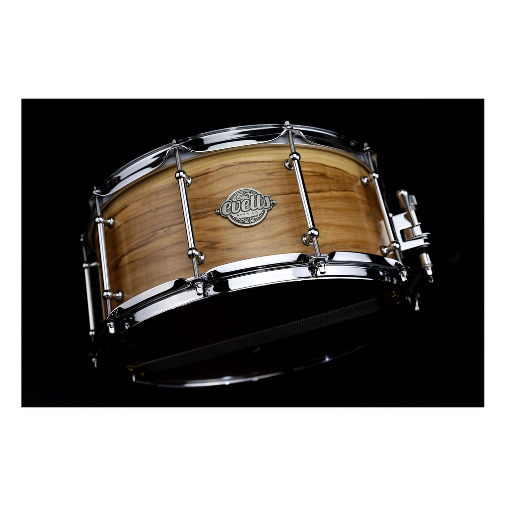 Evetts 14 x 6.5 inch Jarrah Ply Snare Drum in Smooth Satin- European Olive Ash