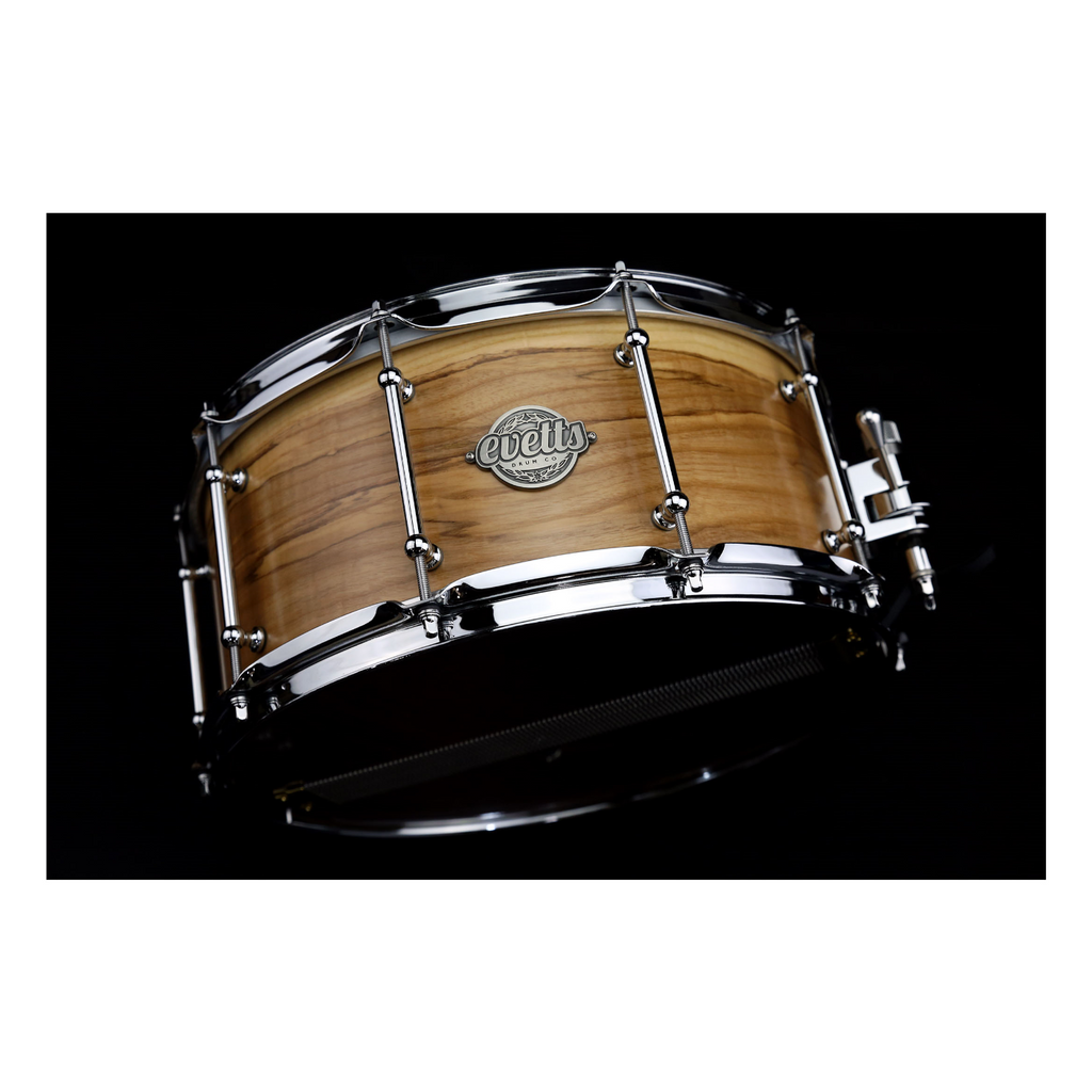 Evetts 14 x 6.5 inch Jarrah Ply Snare Drum in Smooth Satin- European Olive Ash
