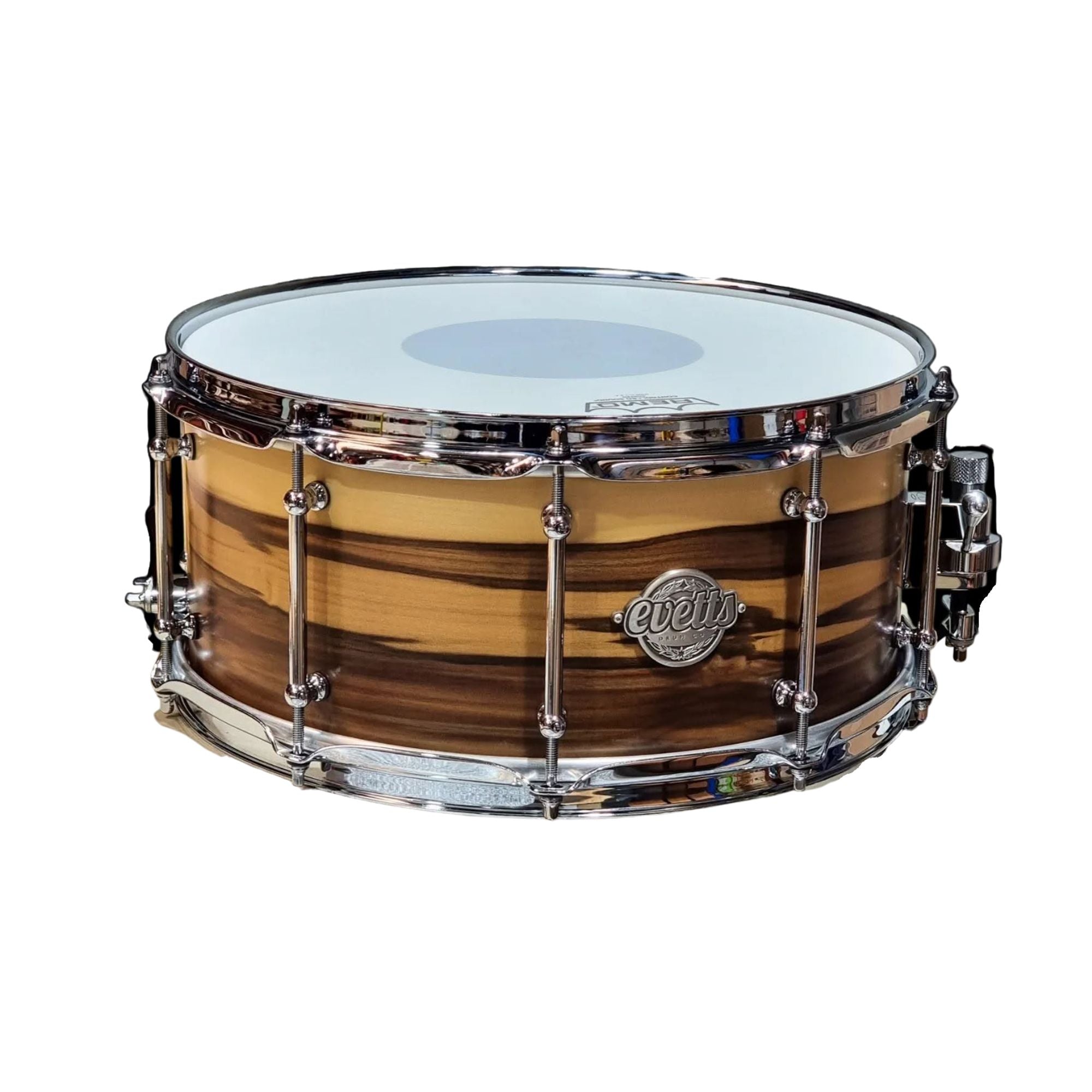 Evetts 14x6.5 Spotted Gum Snare Drum Satin Blackheart Sassafras Veneer