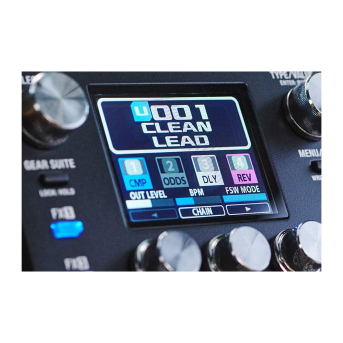BOSS EX4 Effects Expander Pedal showing its interface with multiple knobs and input/output jacks for guitar effects processing.