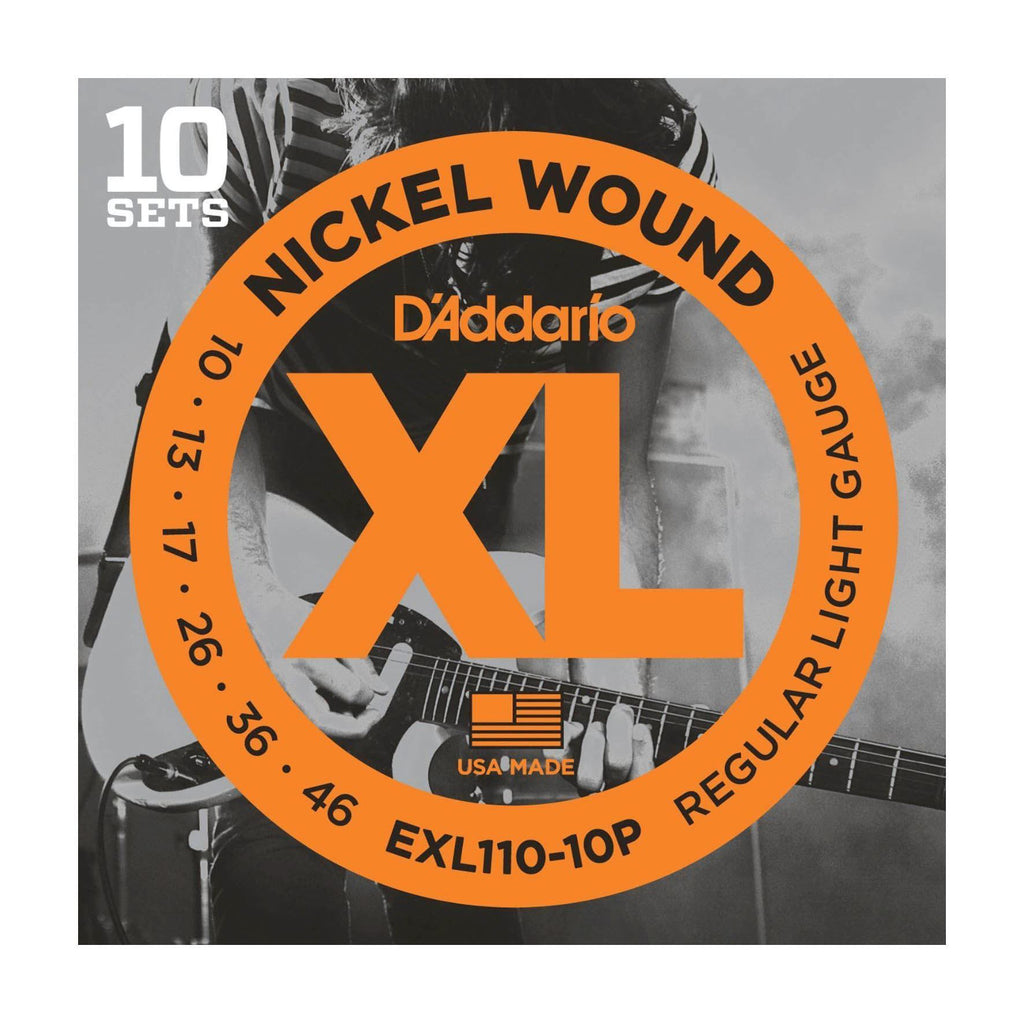 D'Addario EXL110 electric guitar strings 10-pack, regular light gauge 10-46, shown on a guitar string package.