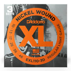 D'Addario EXL110 electric guitar strings 3-pack, with 10-46 gauge, shown in a clear image of the string pack.