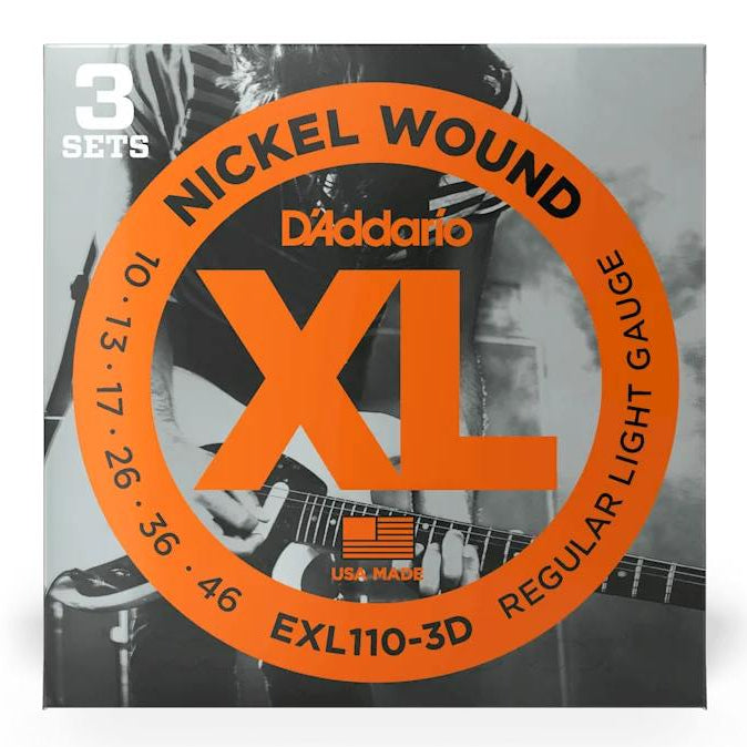 D'Addario EXL110 electric guitar strings 3-pack, with 10-46 gauge, shown in a clear image of the string pack.