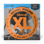 D'Addario EXL110-7 10-59 regular light 7-string electric guitar strings, close-up of the packaged strings on a white background.