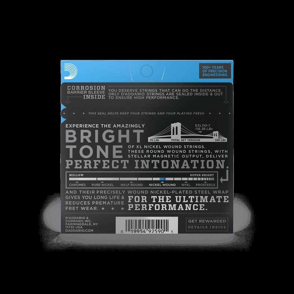 D'Addario EXL110-7 10-59 regular light 7-string electric guitar strings, close-up of the packaged set with branding and string details.