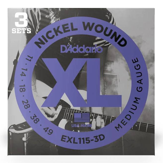 D'Addario EXL115 electric guitar strings 11-49 in a 3-pack, showing three sets of high-quality D'Addario electric strings for guitar.