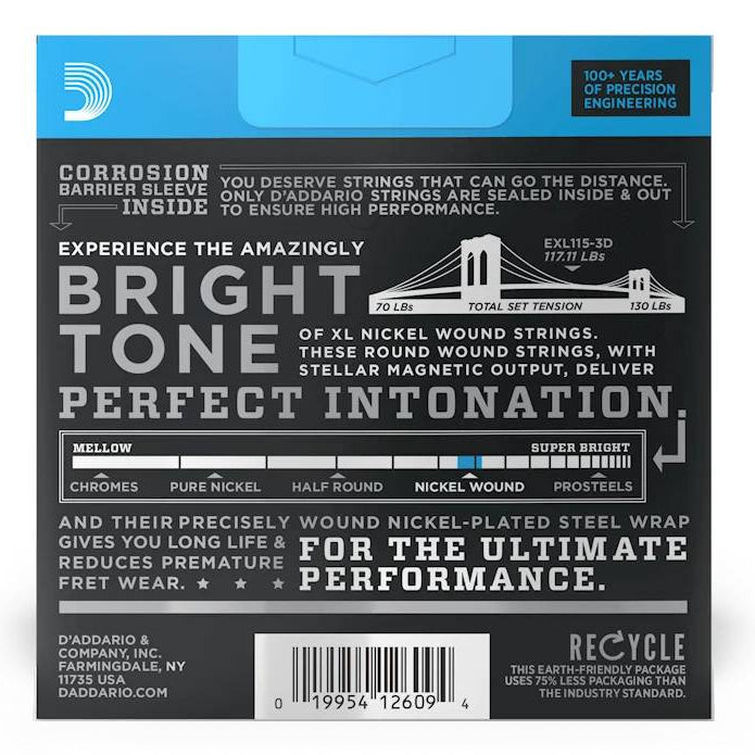 D'Addario EXL115 electric guitar strings 11-49 gauge, 3-pack, shown on a guitar with metal winding and clear packaging.