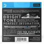 D'Addario EXL115 electric guitar strings 11-49 gauge, 3-pack, shown on a guitar with metal winding and clear packaging.