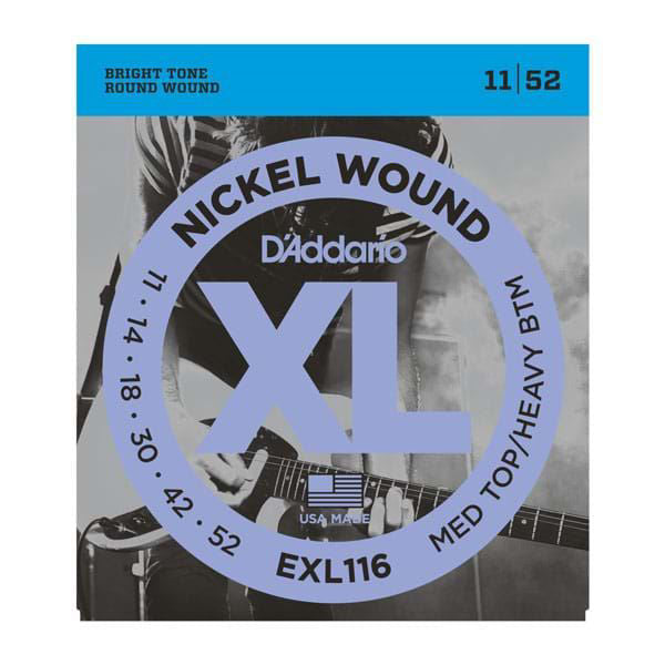 D'Addario EXL116 electric guitar strings 11-52 medium top/heavy bottom set, featuring bright tone and durable construction for electric guitars.