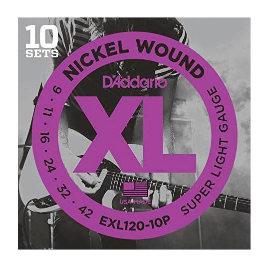 D'Addario EXL120 electric guitar strings 10-pack, super light gauge 9-42, showing a set of guitar strings on a white background.