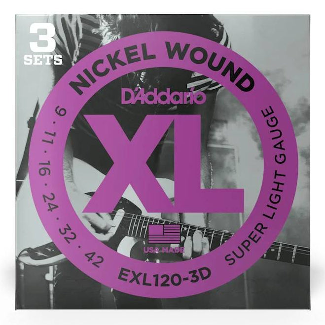 D'Addario EXL120 electric guitar strings 3-pack, featuring nine to forty-two gauge strings on a guitar.