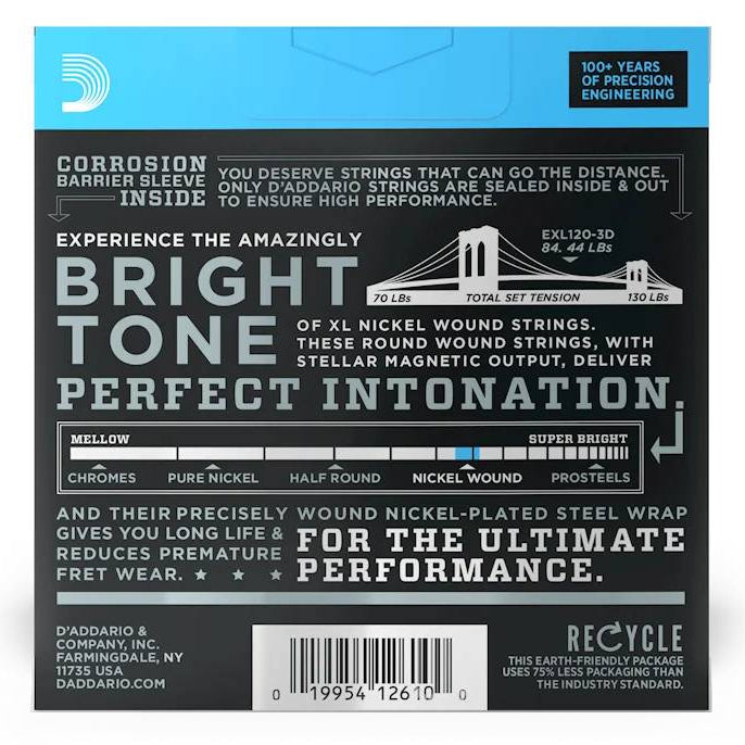 D'Addario EXL120 electric guitar strings 3-pack with nine to forty-two gauge, arranged on a guitar fretboard.