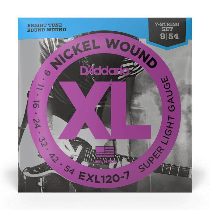 Seven-string electric guitar strings by D'Addario EXL120-7 Super Light 9-54, shown in the image.