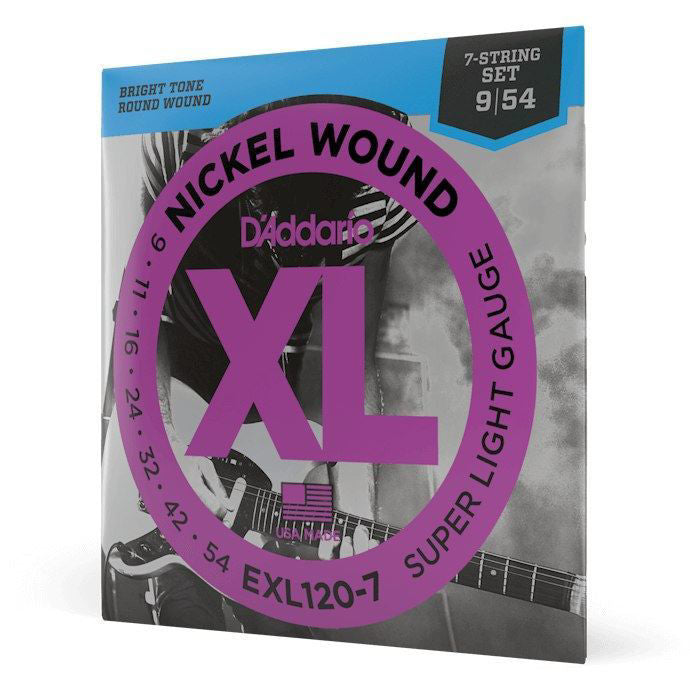 Seven-string electric guitar strings by Mega Music, D'Addario EXL120-7 super light 9-54 gauge, shown on the packaging.