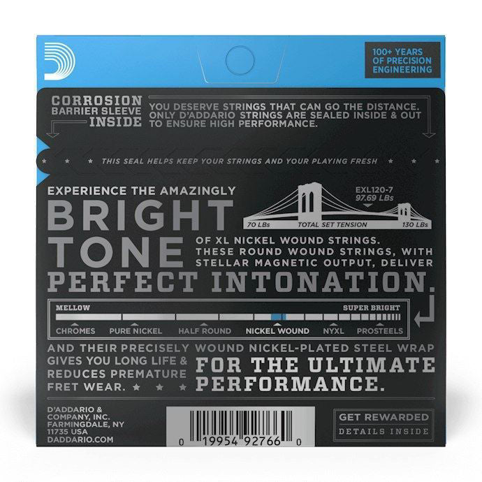 Seven-string electric guitar strings by D'Addario EXL120-7 Super Light 9-54 for 7-string electric guitars.