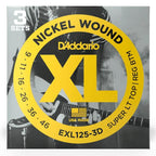 D'Addario EXL125 electric guitar strings set with light top and regular bottom, shown in the three-pack packaging.