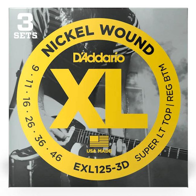 D'Addario EXL125 electric guitar strings set with light top and regular bottom, shown in the three-pack packaging.