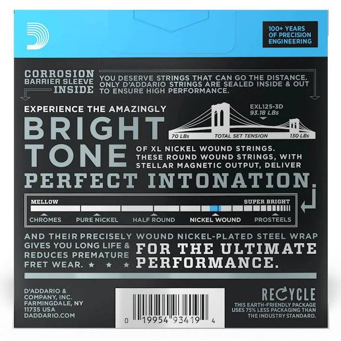 D'Addario EXL125 electric guitar strings 9-46 gauge, top/regular bottom, three-pack, shown on a guitar.