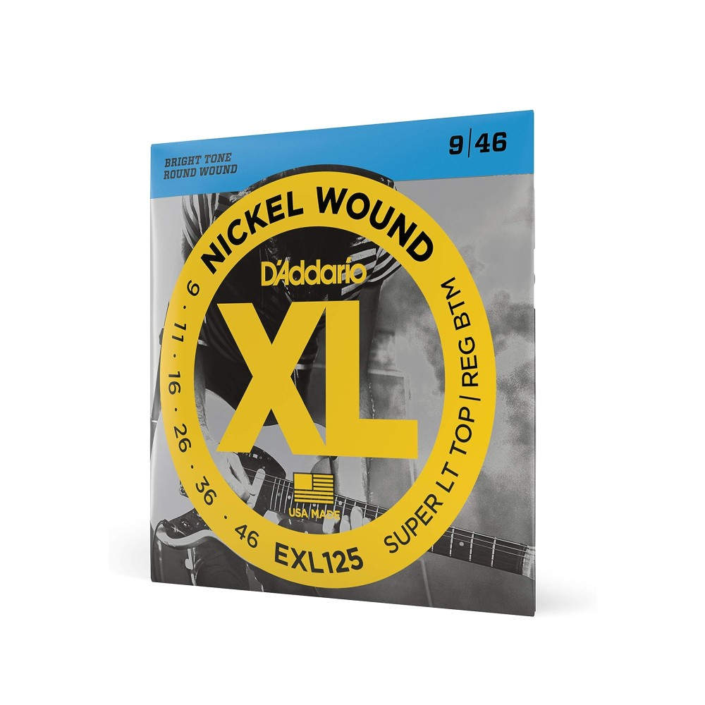 D'Addario EXL125 electric guitar strings 9-46 light top/regular bottom, three-pack, with packaging visible