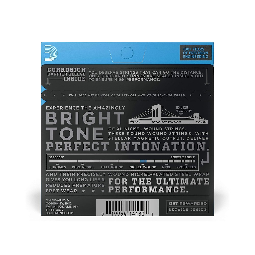 D'Addario EXL125 electric guitar strings, 9-46 gauge, light top/regular bottom, three-pack, shown on the packaging.