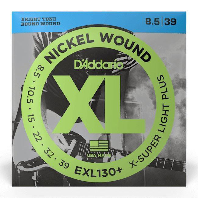 D'Addario EXL130 electric guitar strings, extra super light gauge 8-38, shown on a guitar neck with packaging.