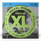 D'Addario EXL130 electric guitar strings, extra super light gauge 8-38, shown on a guitar neck with packaging.