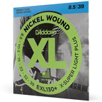 D'Addario EXL130 electric guitar strings, extra super light gauge 8-38, shown on a guitar in a close-up view.