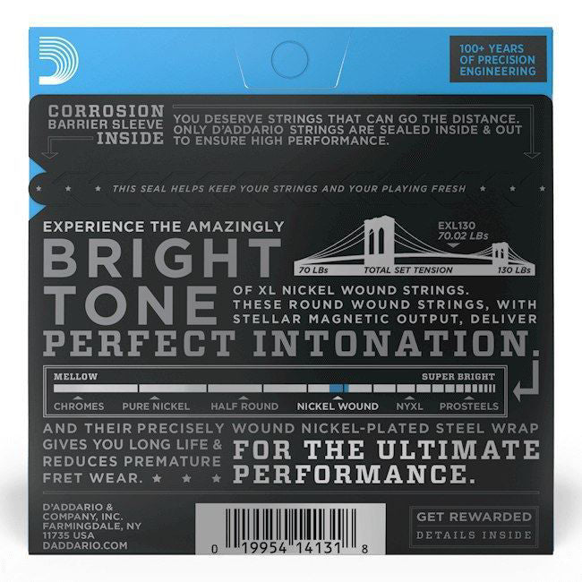 D'Addario EXL130 electric guitar strings in extra super light gauge 8-38, showing the set of strings with packaging.