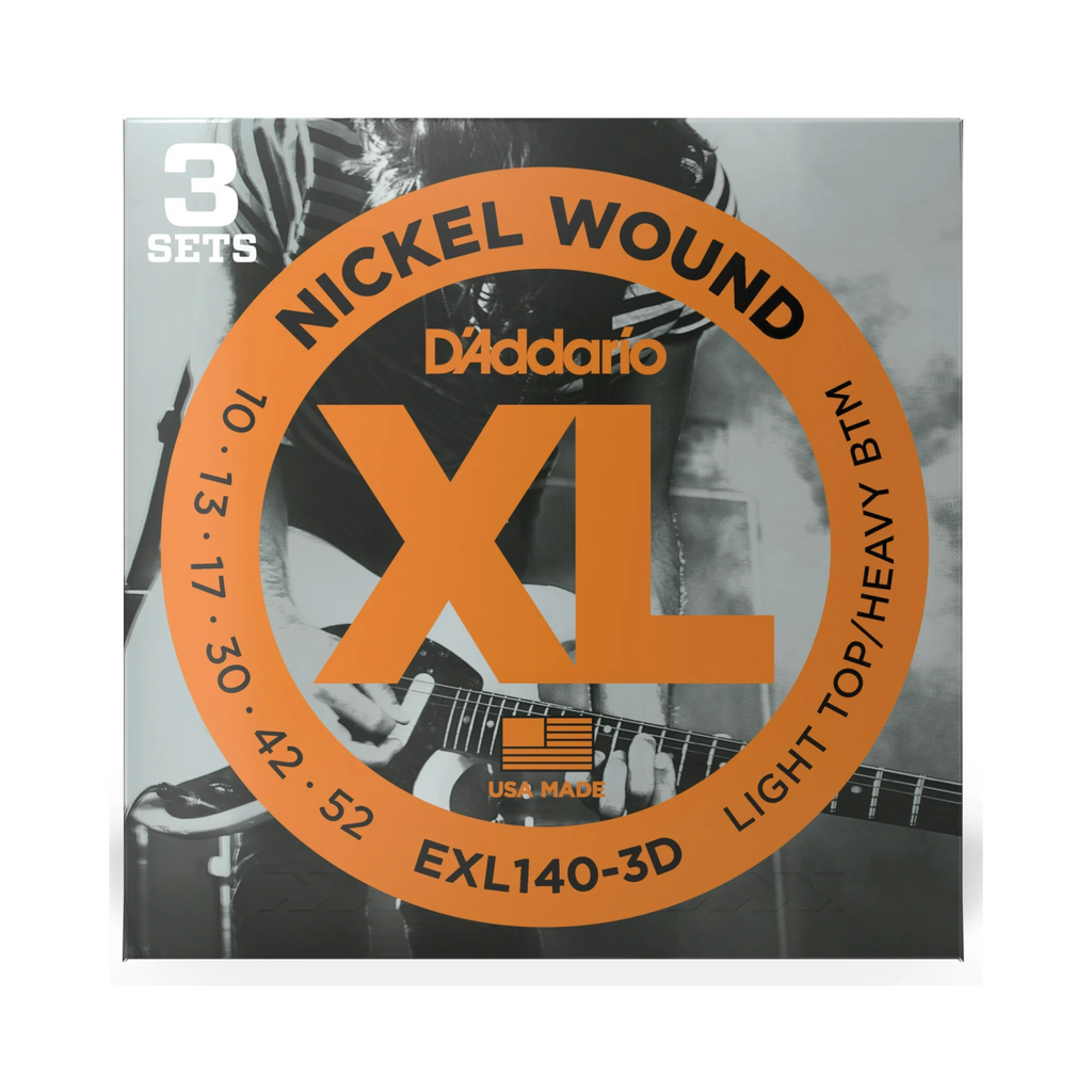 D'Addario EXL140-3D nickel wound electric guitar strings 010-052 light top/heavy bottom 3-pack, shown on a guitar.