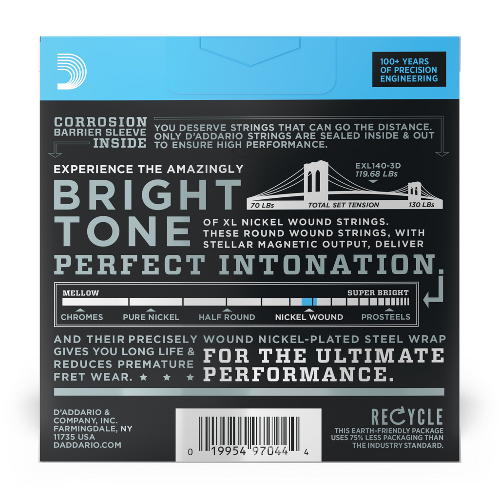 D'Addario EXL140-3D nickel wound electric guitar strings, light top/heavy bottom, 3-pack, with visible coiled strings in packaging