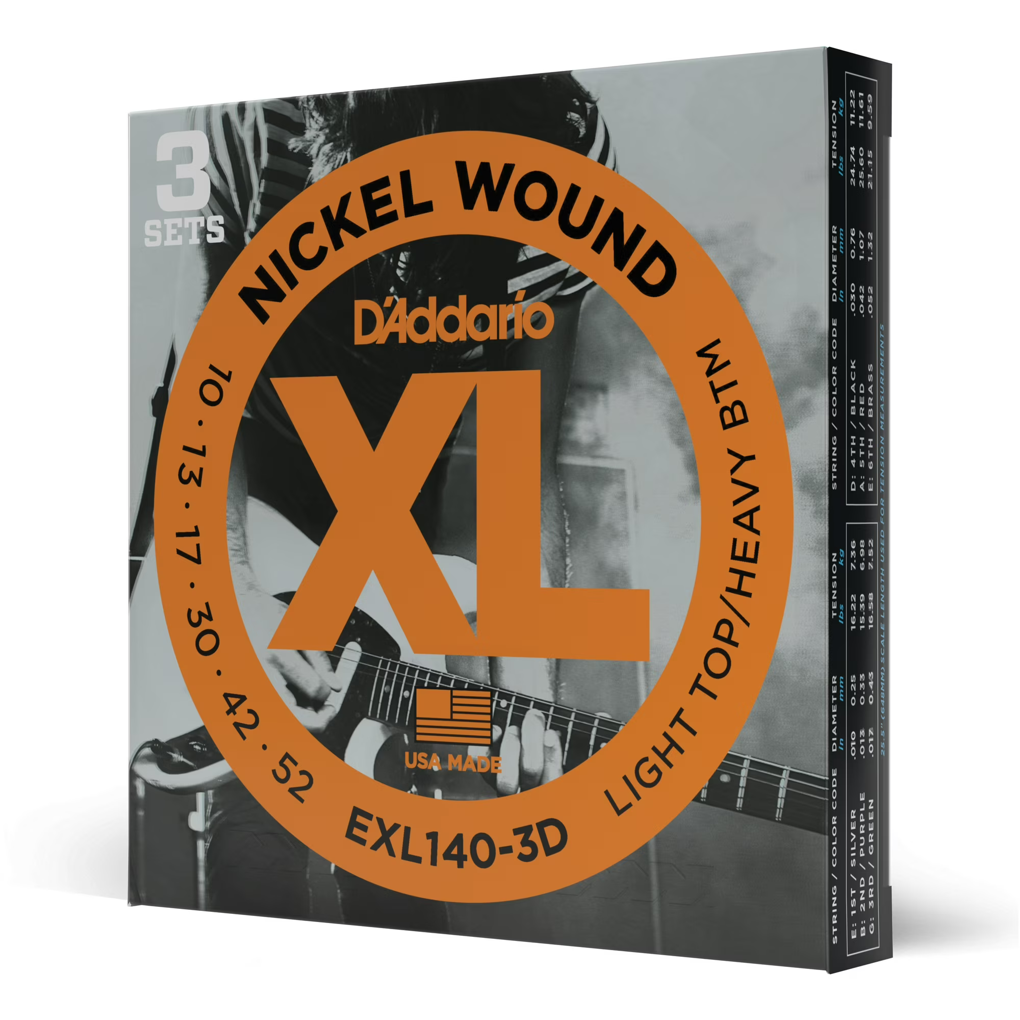 DAddario EXL140-3D Nickel Wound Electric Guitar Strings 010-052 Light Top/Heavy Bottom 3-Pack