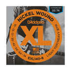 D'Addario EXL140-8 8-string electric guitar strings with light top and heavy bottom, 10-74 gauge, on a guitar string pack.
