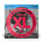 D'Addario EXL145 heavy electric guitar strings set with plain 3rd string on a guitar, showing the packaging and strings.