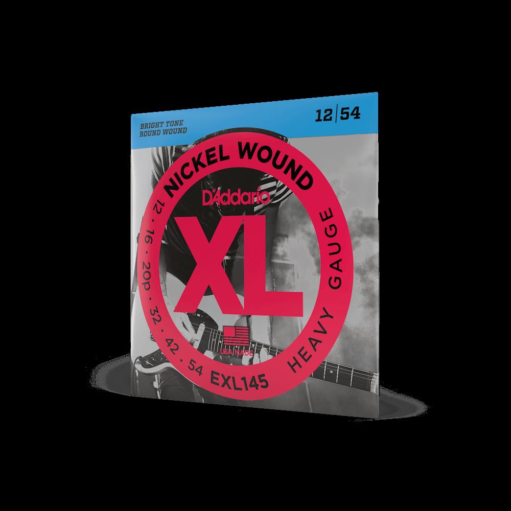 D'Addario EXL145 heavy electric guitar strings set with plain 3rd string, showing the packaged strings for electric guitar.