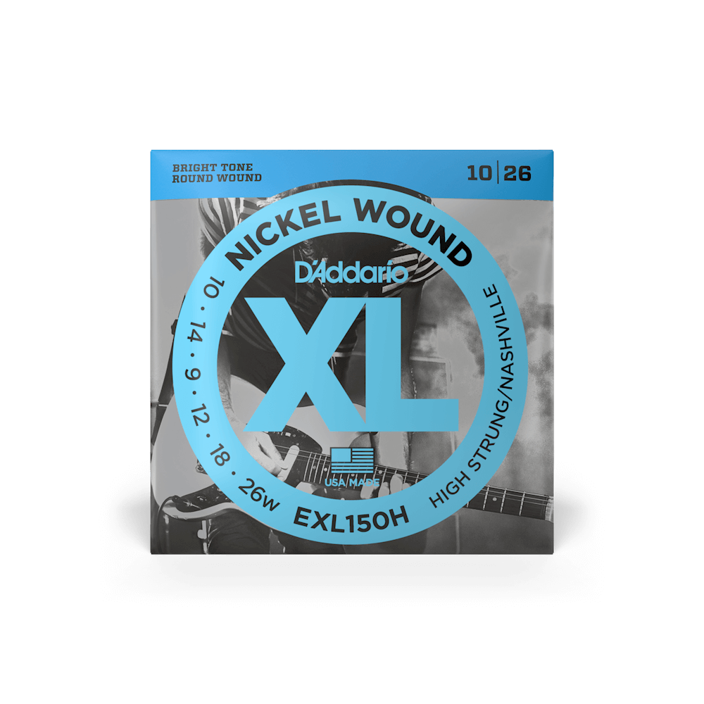 D'Addario EXL150H high strung Nashville tuning electric guitar strings on a guitar, showcasing the packaging and vibrant string colors.
