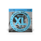 D'Addario EXL150H high strung Nashville tuning electric guitar strings on a guitar, showcasing the packaging and vibrant string colors.
