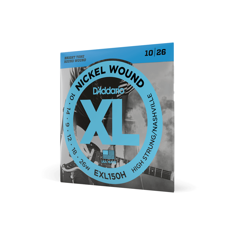 D'Addario EXL150H high strung electric guitar strings in 10-26 gauge for Nashville tuning on a guitar.