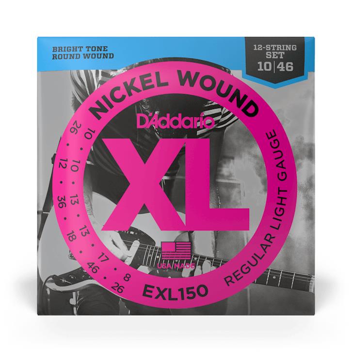 D'Addario EXL150 10-46 regular light 12-string electric guitar strings, showing the packaged strings and branding.