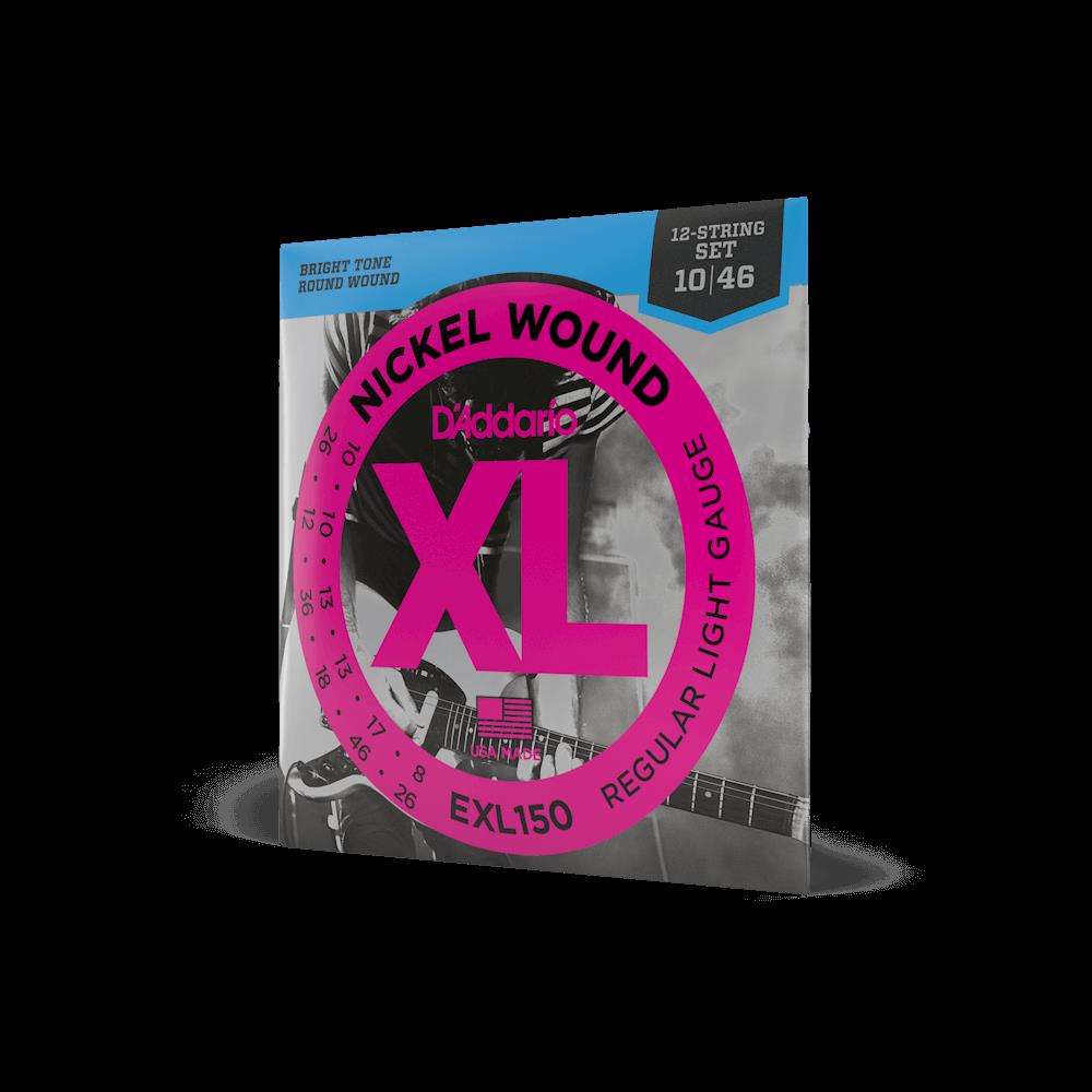 D'Addario EXL150 10-46 regular light 12-string electric guitar strings, close-up shot showing the string package and branding.