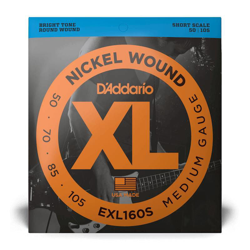 D'Addario EXL160S medium short scale bass guitar strings with 50-105 gauge, shown on the product packaging.