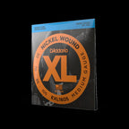 D'Addario EXL160S medium short scale bass guitar strings set with 50-105 gauge, shown on a bass guitar in a natural setting.