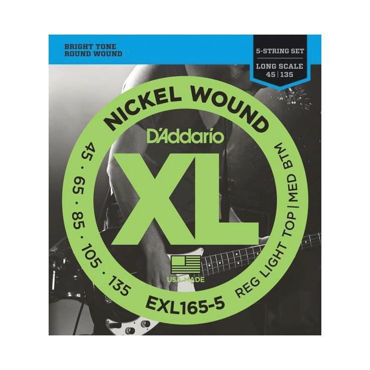 D'Addario EXL165-5 5-string bass guitar strings in a long scale, custom light gauge 45-135, shown on a plain background.