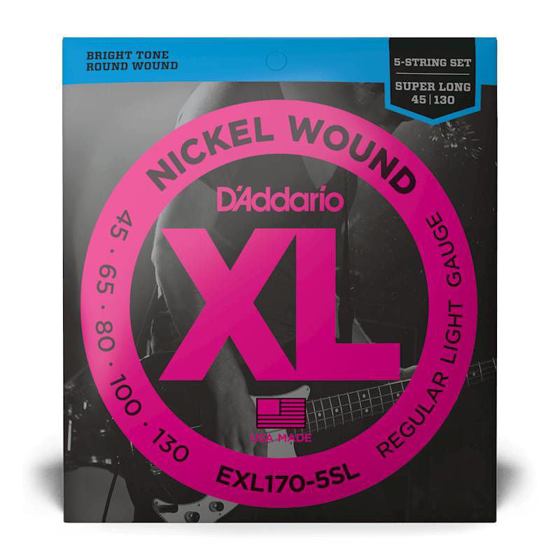 D'Addario EXL170-5SL light super long scale 5-string bass guitar strings shown on a bass guitar.