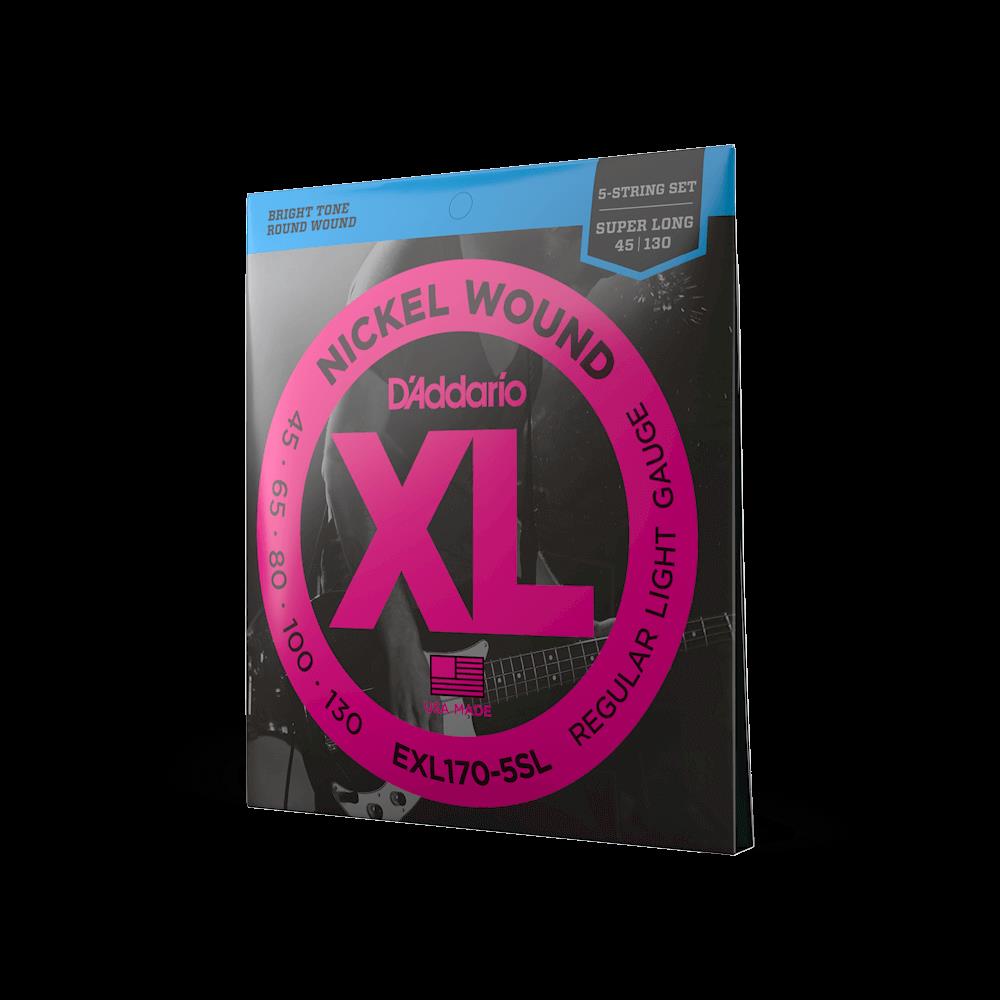 D'Addario EXL170-5SL 45-130 light super long scale 5-string bass guitar strings, showing the packaged set and branding.