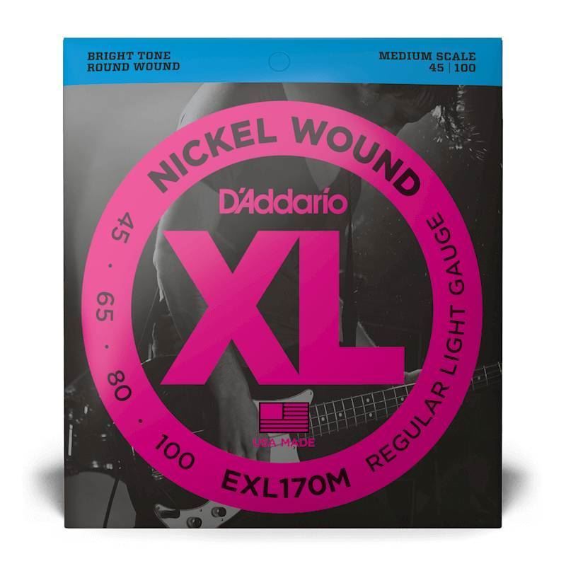 D'Addario EXL170M light medium scale bass guitar strings, 45-100 gauge, with nickel winding and durable construction.