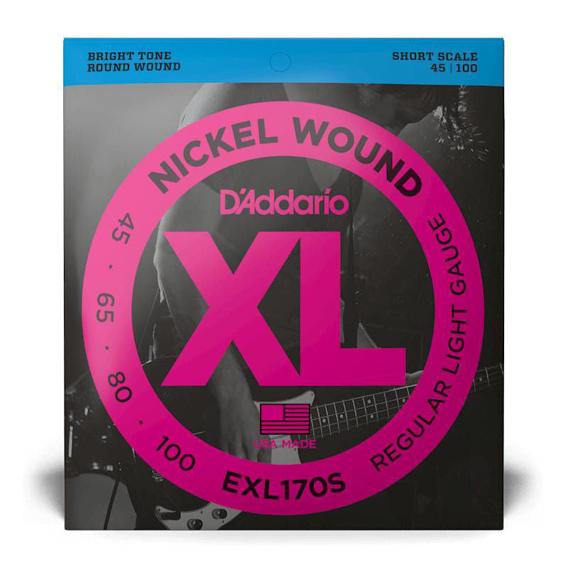 D'Addario EXL170S light short scale bass guitar strings with 45-100 gauge, displayed on a bass guitar.
