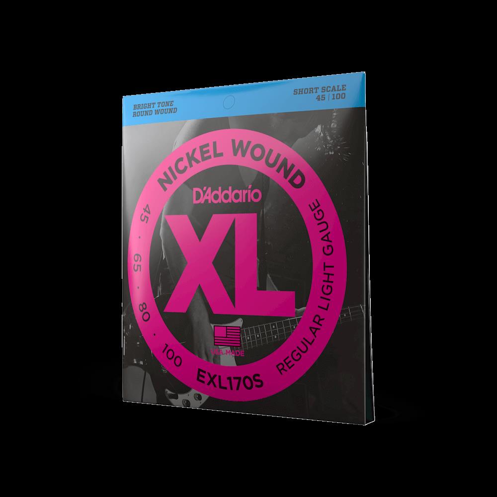 D'Addario EXL170S light short scale bass guitar strings with 45-100 gauge, shown on a bass guitar.
