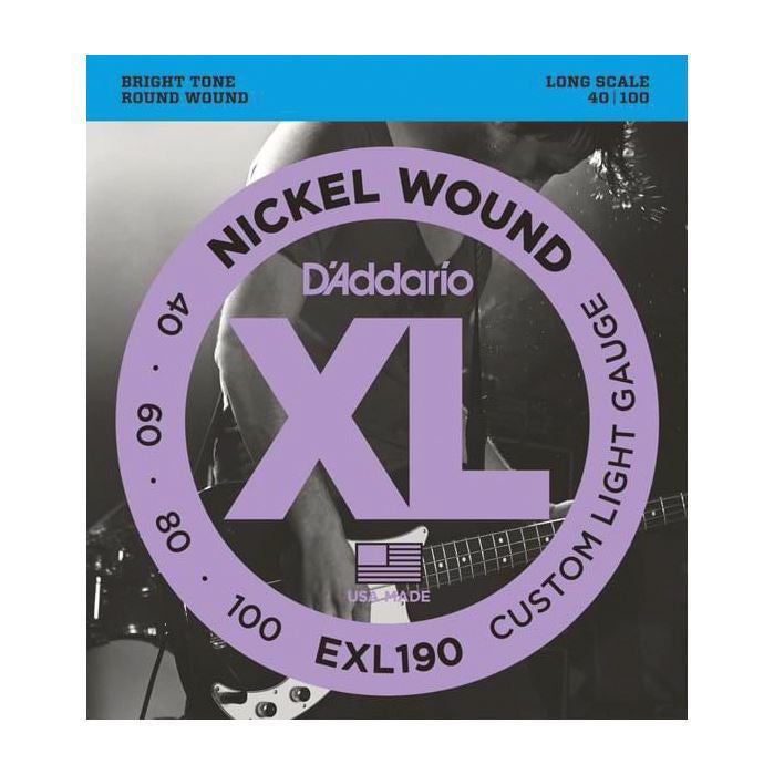 D'Addario EXL190 custom light bass guitar strings 40-100 for long scale bass, with metal winding and branded packaging.