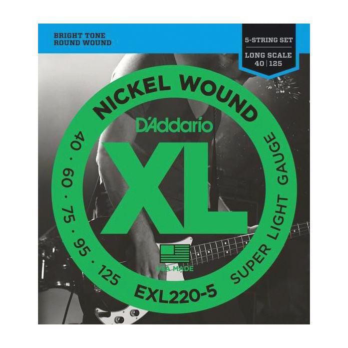 D'Addario EXL220-5 5-string bass guitar strings in super light gauge 40-125, long scale for electric bass guitar.