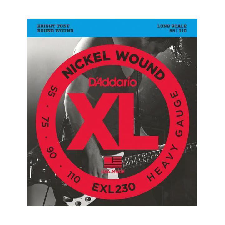 D'Addario EXL230 heavy bass guitar strings in 55-110 gauge on a long scale, shown coiled and ready for installation.